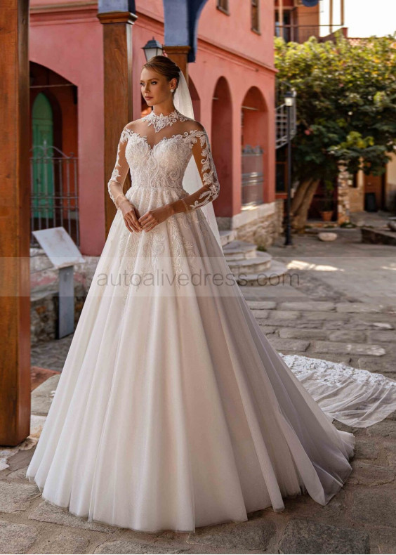 Long Sleeves Beaded Ivory Lace Tulle Exquisite Wedding Dress